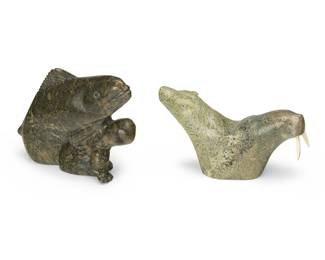 298
Two Inuit Carved Stone Figures
Two works:
Possibly Jimmy Pitaloosie (b. 1961, Inuit; Cape Dorset/Kinngait)
A double-headed figure of a polar bear and walrus, 1985
Signed syllabically to underside and dated
The two-sided animal busts with incised and sgraffito details, the walrus with carved bone tusks
4.5" H x 7.875" W x 2.5" D
A carved stone man and fish, late 20th century
Incised signature to underside: Q. Jaw
The figure of a man with a large fish on his back
6.25" H x 7.5" W x 2.75" D
2 pieces
Estimate: $400 - $600