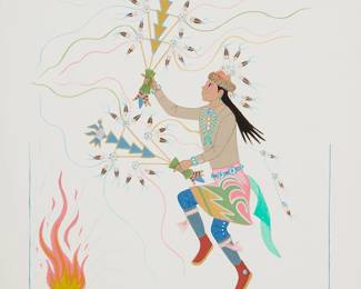 4
Harrison (Haskay Yahne Yah) Begay
1917-2012, Navajo/Diné
Fire Dancer
Gouache on paper
Signed near the lower edge in English and Navajo: Harrison Begay / Haskay Yahne Yah
Image: 12.125" H x 11" W; Sight: 14.75" H x 13.75" W
Estimate: $400 - $600