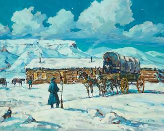 60
Marjorie Reed
1915-1996
"Winter Eve At Sam Day's Chinle Trading Post" (Now Thunderbird Lodge)
Oil on canvas
Signed lower right: Marjorie Reed; titled on a label affixed to the stretcher
30" H x 40" W
Estimate: $4,000 - $6,000