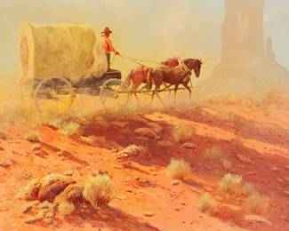 162
Bill Bender
1919-2016
"In Navajo Country," 1973
Oil on Masonite
Signed and dated lower center: Bill Bender; titled and inscribed, verso
18" H x 24" W
Estimate: $1,000 - $1,500