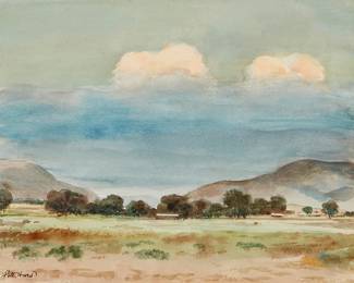 136
Peter Hurd
1904-1984
"A Cumulous Cloud Bank"
Watercolor on sketchbook paper
Signed lower left: Peter Hurd; titled on the verso of the backing board
7.75" H x 9.75" W
Estimate: $2,000 - $3,000