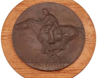 166
Alexander Phimister Proctor
1862-1950
"Pony Express"
Patinated bronze on wood backing
Signed and titled in the casting: © A. Phimister Proctor / Sc
Commissioned in 1910 by Wells Fargo to commemorate the 50th Anniversary of the Pony Express
Bronze: 16.75" Dia.; Overall: 22" Dia. x 1.875" D
Estimate: $3,000 - $5,000