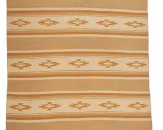 125
A Navajo Chinle Blanket
Late 20th century, Diné
With alternating diamond and stripe banded motifs in vegetal dyes of yellow, ochre, and cream wool
76" H x 55.5" W
Estimate: $700 - $900