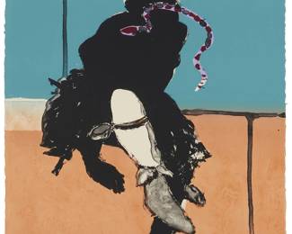 28
Fritz Scholder
1937-2005, Luiseno
"Snake Dancer," 1979
Lithograph in colors on Arches paper
Edition: 135/150 (there were also 15 artist's proofs)
Signed and numbered in pencil in the lower edge, at right: Scholder; with the artist's blindstamp in the lower edge, at center; Stephen Britko and Catherine Kisch Kuhn, prntr.; Tamarind Lithography Workshop, Inc., Los Angeles, pub.; and with their blindstamps in the lower sheet edge, at left
Image/Sheet: 30" H x 22" W
Estimate: $800 - $1,200