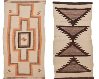 146
Two Navajo Textiles
Mid-20th century, Diné
One with elongated concentric cross motif woven in grey, brown, and orange wool (38" H x 20" W), the other with four serrated stacked half diamonds woven in grey, brown, and cream wool (36.75" H x 18.25" W)
2 pieces
Estimate: $300 - $500