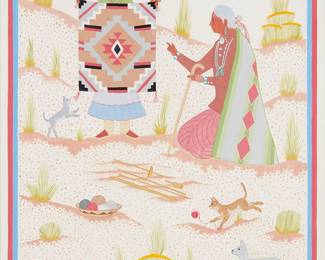 2
Harrison (Haskay Yahne Yah) Begay
1917-2012, Navajo/Diné
Figures With Animals
Gouache on Arches paper
Signed near the lower edge in English and Navajo: Harrison Begay / Haskay Yahne Yah
Sight: 28.25" H x 20.625" W
Estimate: $1,000 - $1,500