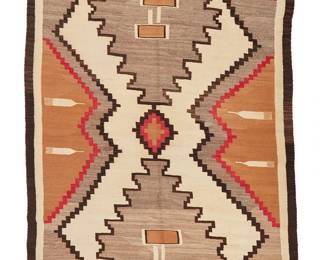 106
A Large Navajo Regional Rug
Early 20th century, Diné
Woven in cream, red, tan, light and dark brown wool with two large central stepped diamonds and floating motifs including loom weaving beater forks and wool carding combs
96.5" H x 60.5" W
Estimate: $1,000 - $1,500