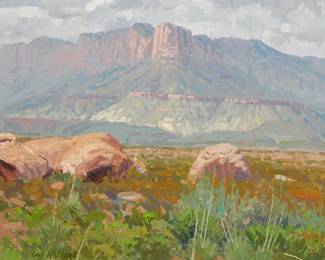 183
Curt Walters
b. 1950
"Guadalupe Peak"
Oil on canvas
Signed lower left: Curt Walters; titled in black pen on the upper portion of the stretcher
11" H x 14" W
Estimate: $1,000 - $1,500