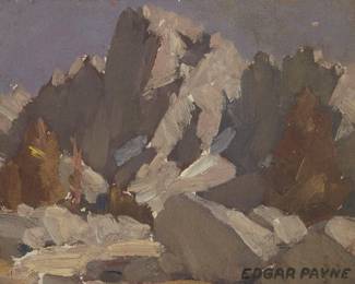 190
Edgar Alwin Payne
1883-1947
"California Sierras"
Oil on canvas laid to Masonite
Estate stamped lower right: Edgar Payne; titled on the frame plaque
7.25" H x 9.25" W
Estimate: $2,000 - $3,000