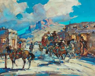 132
Marjorie Reed
1915-1996
"The Stage Is Here!" 1975
Oil on canvasboard
Signed lower right: Marjorie Reed; signed again, titled, and dated in black pen, verso
16" H x 20" W
Estimate: $2,000 - $3,000