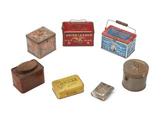 216
A Group Of Tin Tobacco Advertisement Containers
Late 19th/early 20th century
Biscuit tin stamped to underside: NBC / Trademark / Uneeda
The tin containers advertising tobacco plug companies, comprising a George Washington lunch pail with handle, a Union Leader lunch pail with handle, a J.G. Dill's cut plug tobacco container, an Osterloh's lidded tobacco container, a Twin Oaks pocket hinged tobacco tin, and an unmarked container, together with a National Biscuit Company biscuit tin, 7 pieces
Largest: 4.5" H x 8" W x 5.5" D; Smallest: 4.125" H x 3.375" W x 1.25" D
Estimate: $100 - $300