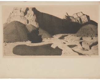 307
Conrad Buff
1886-1975
"Pools In The Desert," 1932
Lithograph on Umbria Italia paper
Edition: 13/200
Signed in black pen in the lower margin, at right: Conrad Buff; titled, dated, numbered, and inscribed indistinctly in pencil in the lower margin, at left
Image: 7.875" H x 16" W; Sheet: 12.5" H x 20.25" W
Estimate: $400 - $600