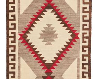 107
A Navajo Regional Rug
Early/mid-20th century, Diné
Woven in red, cream, light gray, and dark brown wool with a central conjoined serrated diamond motif and hooked border
69.5" H x 39" W
Estimate: $500 - $700