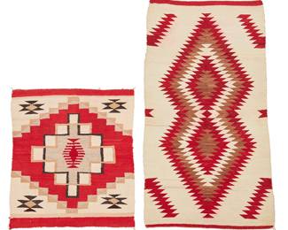 144
Two Navajo Regional Rugs
Mid-20th century, Diné
Two textiles comprising a narrow rug woven in cream, red, and brown wool with a central conjoined serrated diamond and red banding to ends (58" H x 30.5" W), and a small rug woven in red, brown, tan, grey, and cream wool with a central stepped diamond with "centipede" motif and floating diamonds to each corner (34" H x 30" W), 2 pieces
Estimate: $300 - $500