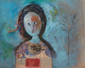 21
Polia Pillin
1909-1992
"Indian Girl"
Gouache on paper
Unsigned; titled on two labels affixed to the frame, verso
Sight: 10" H x 12" W
Estimate: $800 - $1,200