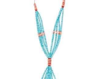 232
A Kewa/Santo Domingo Pueblo Turquoise Jacla Necklace
Mid/late 20th century
Appears unmarked
A four strand necklace composed of extended jaclas in turquoise and spiney oyster combined with multiple jacla looped pendants, all on a fine braided cord
38" L x 4.5" H
Estimate: $800 - $1,200