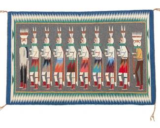 139
A Treva Peshlakai Navajo Yei Pictorial Textile
Treva Peshlaki (b. 20th century, Diné)
Late 20th century
Attributed to Treva Peshlakai, woven in grey, blue, green, red, cream, and multicolored wool in a tapestry weave, depicting eight Yei dancers flanked by two Yei figures with pelts, with exaggerated sawtooth borders to two sides
30" H x 47.5" W
Estimate: $400 - $600