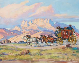 133
Marjorie Reed
1915-1996
"Across The Colorful West -Old Staging Days"
Oil on canvas
Signed lower right: Marjorie Reed; signed again and titled on a label affixed to the stretcher
24" H x 36" W
Estimate: $2,000 - $3,000