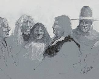 20
Paul Pletka
b. 1946
"Making Strong Talk"
Mixed media on paper laid to board
Signed lower right: Paul Pletka; titled on a label affixed to the frame's backing paper
13" H x 28" W
Estimate: $4,000 - $6,000