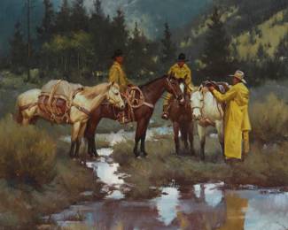 170
Gary Niblett
b. 1943
Cowboys Near A Stream
Oil on canvas
Signed lower right: Gary Niblett ©; and with the artist's bird device and the Cowboy Artists of America insignia, lower right
30" H x 24" W
Estimate: $2,000 - $4,000