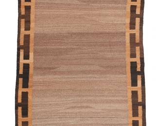 91
A Navajo Regional Rug
Circa 1920, Diné
Woven in natural brown, tan, and dark brown handspun wool with an open center and elongated terraced stepped border
59" H x 35.5" W
Estimate: $700 - $900