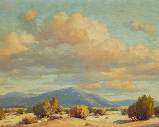 196
Paul Grimm
1891-1974
"Passing Clouds"
Oil on canvasboard
Signed lower left: Paul Grimm; titled in ink, verso
12" H x 16" W
Estimate: $1,000 - $1,500