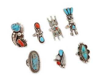 275
A Group Of Southwest Silver And Stone Set Rings
Seven works:

Alonzo Hustito (c 1910-1990, Zuni Pueblo)
Mid/late 20th century
Stamped: A.H. [with bear]
A sterling silver katsina ring with set turquoise accents
Ring size: 9.5; 2.125" H

A group of Southwest sterling silver and stone set rings
Each appears unmarked
Six works in various styles and sizes with various stones including set turquoise, coral and shell, 6 pieces
Largest: ring size: 9; Smallest: ring size: 6

7 pieces total
73.2 grams gross
Estimate: $400 - $600