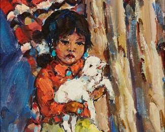 59
Marjorie Reed
1915-1996
"Wen Tsosie's Little Sister, Navajoland"
Oil on canvasboard
Signed lower right: Marjorie Reed; titled on a label affixed, verso
9" H x 12" W
Estimate: $400 - $600