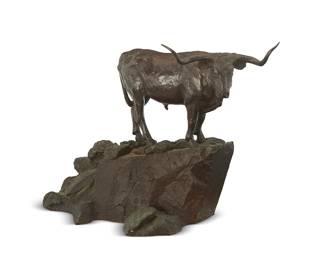 163
Cynthia Rigden
1943-2018
Longhorn
Patinated bronze
Edition: 4/12
Signed and numbered in the casting: Cynthia Rigden / [heart]
12" H x 15" W x 7.25" D
Estimate: $1,500 - $2,000