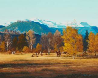 44
Reid Christie
b. 1951
"Crow Warning - Blackfoot Council," 1994
Oil on panel
Signed lower right: Christie ©; signed again, titled, dated, and numbered "1320," all verso
14" H x 18" W
Estimate: $800 - $1,200