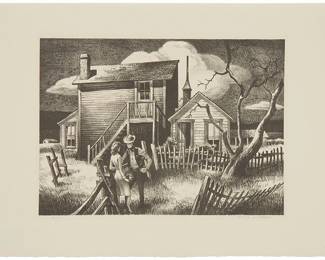 219
Arthur Lonergan
1906-1989
"Colorado Landscape"
Lithograph on wove paper
Edition: 10/11
Signed and numbered in pencil in the lower margin: Arthur Lonergan; titled twice, on the printer's information card and again on an exhibition label, both affixed to the verso of the mat; Lynton Richards Kistler, Los Angeles, CA, prntr.; and with his blindstamp in the lower margin, at left
Image: 9.125" H x 12.75" W; Sheet: 13.25" H x 17.75" W
Estimate: $300 - $500