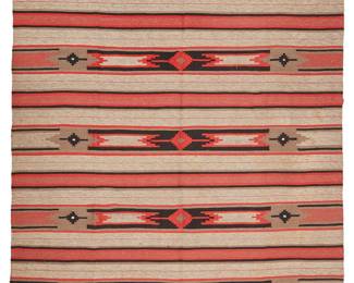143
A Large Mexican Area Rug
Mid/late 20th century, Diné
A Chimayo-style rug woven in red, tan, and black with alternating diamond and striped banding with knotted fringe at each end
103" H x 77" W
Estimate: $300 - $500