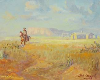 179
Bill Chappell
1919-2010
Rider On Horseback
Oil on board
Signed and with the artist's device, lower right: Bill Chappell
6" H x 8" W
Estimate: $500 - $700