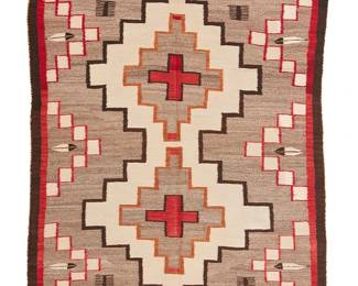 108
A Navajo Regional Rug
Mid-20th century, Diné
Woven in red, cream, ochre, light and dark brown wool with two central conjoined stepped diamonds and floating feather motifs to ends and sides, with red and brown banded border
58.5" H x 44.5" W
Estimate: $600 - $900
