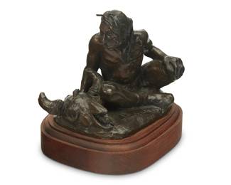 164
Asa Lynn "Ace" Powell
1912-1978
"Napi And The Mice People"
Patinated bronze on wood base
Edition: 15/35
Stamped number and signed in the casting: [artist's cipher] / Powell ©; titled by repute
Overall: 7.5" H x 7.75" W x 6.75" D
Estimate: $400 - $600