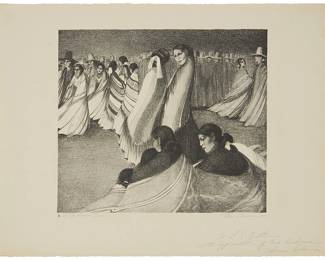 217
Velma Adams
1902-1990
"Navajo Woman Dance"
Lithograph on laid Arches paper
Signed twice, titled, and inscribed in pencil at the lower margin: Velma Adams / To LR Kistler / with appreciation of his kindness; Lynton Richards Kistler, Los Angeles, CA, prntr.; and with Kistler's device in pencil to the left of the title in the lower margin
Image: 11.625" H x 13.25" W; Sheet: 16" H x 20.625" W
Estimate: $300 - $500
