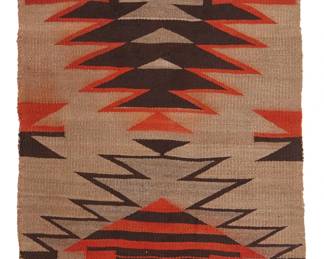 127
A Navajo Regional Mat
Early/mid-20th century, Diné
With two variations of diamond motifs to each end in orange, brown, and grey wool
47.5" H x 25.5" W
Estimate: $300 - $500