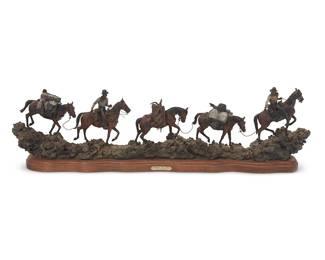 172
James Regimbal
b. 1949
"Highway To Home," 1998
Patinated and cold-painted bronze on a wood base
Edition: 17/75
Signed, dated, titled, and numbered in the casting: Jim Regimbal / © 1998; titled and attributed to metal plaque applied to base
14.5" H x 50.25" W x 7" D
Estimate: $5,000 - $7,000