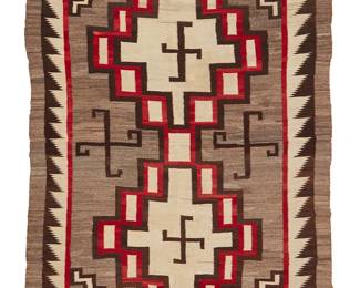 104
A Large Navajo Regional Rug
Mid-20th century, Diné
With two central stepped diamonds, hooked cross motifs, and an elaborate sawtooth border woven in red, cream, dark brown, and grey/brown wool
129.5" H x 66.5" W
Estimate: $1,000 - $2,000