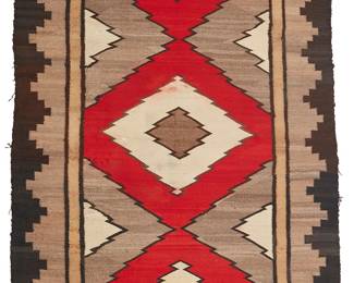 116
A Navajo Regional Rug
Mid-20th century, Diné
With central stacked diamonds to center and stepped border woven in red, cream, dark brown, light brown, and grey wool
95" H x 57" W
Estimate: $700 - $900