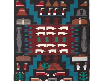 113
A Lizzie Yazzie Navajo Pictorial Storm Textile
Elizabeth Yazzie (b.1947, Diné)
Mid/late 20th century
Attributed to Lizzie Yazzie, woven in black, brown, cream, dark blue, red, and multicolored wool in a Storm pattern variation with figures, animals, structures, and landscape motifs
66.5" H x 40.5" W
Estimate: $700 - $900