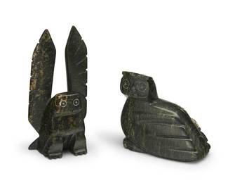 303
Sii Manning (B. 20th Century, Inuit; Cape Dorset/Kinngait)
Two carved stone owl figures, circa 2007
Each with incised signature to underside: Sii Manning; one with sticker: NS17 / canada / eskimo / art esquimau / 3
Comprising two seated owl figures with incised eye details, one with wings outspread, one with wings tucked back
2 pieces
Taller: 6" H x 2.875" W x 1.75" D; Shorter: 3.625" H x 4.375" W x 2.625" D
Estimate: $200 - $400