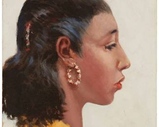 37
Clarence Ellsworth
1855-1961
Portrait Of A Woman, 1955
Oil on canvas laid to paperboard
Signed and dated lower right: Clarence Ellsworth
9.5" H x 7.5" W
Estimate: $600 - $800