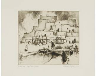 10
Gene Kloss
1903-1996
"Taos Pueblo Stream," 1983
Etching and drypoint on Somerset paper
An artist's proof aside from the edition of 50
Signed, titled, and inscribed "Artist's Proof" in pencil at the lower margin: Gene Kloss
Plate: 7.5" H x 8.875" W; Sheet: 11.25" H x 13.625" W
Estimate: $700 - $900