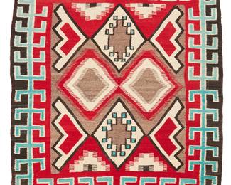 86
A Navajo Regional Rug
Mid-20th century, Diné
Woven in red, cream, brown, black, and turquoise wool with three rows of various diamonds and an elaborate turquoise border
63" H x 54" W
Estimate: $700 - $900