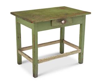 195
A Rustic Wood Console Table
Late 19th/early 20th century
The green painted wood single drawer table with a ceramic pull above a white painted box stretcher
32.5" H x 39.5" W x 25.5" D
Estimate: $400 - $600