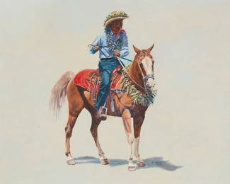 174
Charles E. Showalter
1932-2017
"Hawaii Paniolo," 1981
Oil on canvas
Signed and dated lower right: C.E. Showalter; signed again, titled, and inscribed with the artist's copyright on the stretcher, all verso
16" H x 20" W
Estimate: $400 - $600