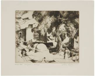12
Gene Kloss
1903-1996
"Courtyard In Chimayó," 1973
Etching on Arches paper
An artist's proof aside from the edition of 75
Signed, titled, and inscribed "Artist's Proof" in pencil in the lower margin: Gene Kloss
Plate: 7.5" H x 9" W; Sheet: 10.75" H x 13.125" W
Estimate: $600 - $800