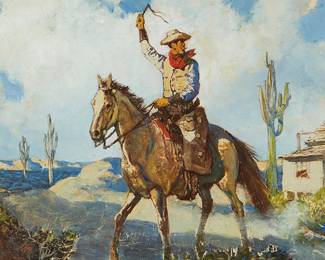 155
Hernando Villa
1881-1952
"Off To The Herd," 1945
Oil on canvas laid to board
Signed and dated lower left: Hernando Villa; titled by repute
9" H x 13" W
Estimate: $1,000 - $1,500