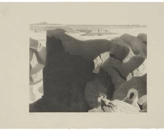 305
Conrad Buff
1886-1975
"American Pioneers," Circa 1935
Lithograph on Saxon Japan paper
Edition: 12/31
Signed and numbered in pencil in the lower margin: Conrad Buff; Lynton Richards Kistler, Los Angeles, CA, prntr.; and with his device in pencil to the left of the title in the lower margin
Image: 9.25" H x 12.5" W; Sheet: 13" H x 19" W
Estimate: $500 - $700